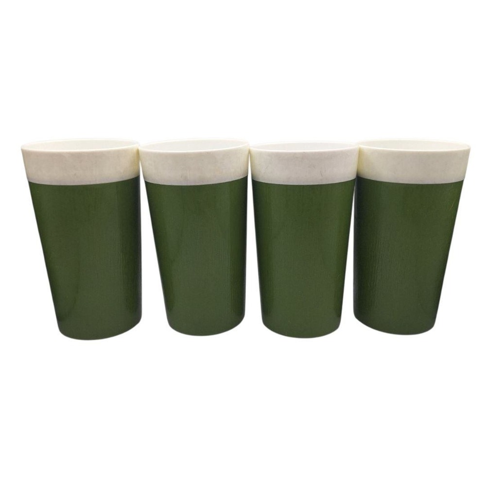 Set of‎ 4 Vintage Roselle IL Tumblers Green White Enamelware Retro Drinkware